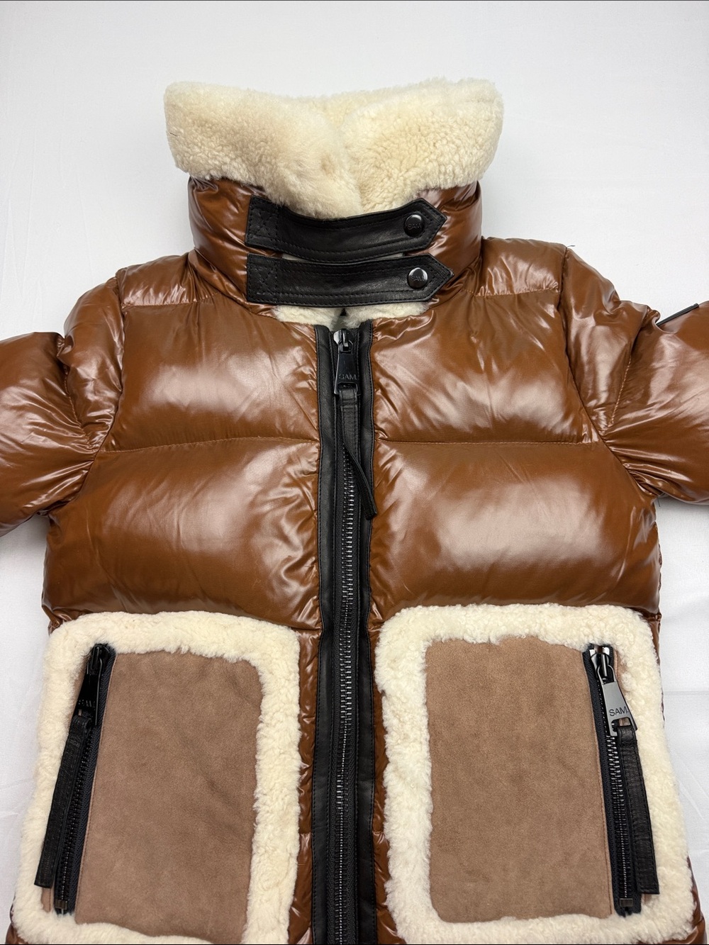 SAM. New York Veronica Shearling-Trimmed Down Biker Puffer Jacket in Cognac - Picture 4 of 16
